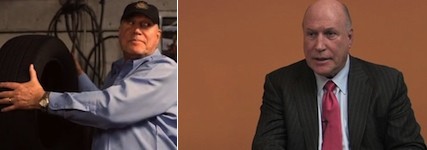 Left: Rick Berman acting as a blue collar mechanic. Right: Berman in a suit. 